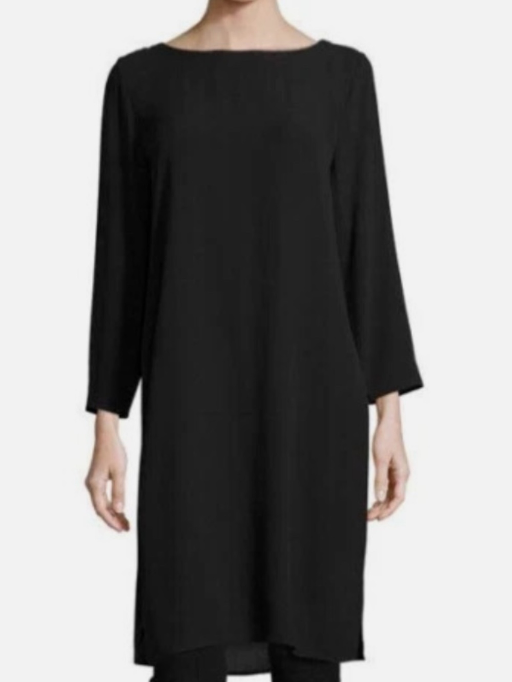 Black Eileen Fisher Silk Georgette Tunic Dress with Side Slits